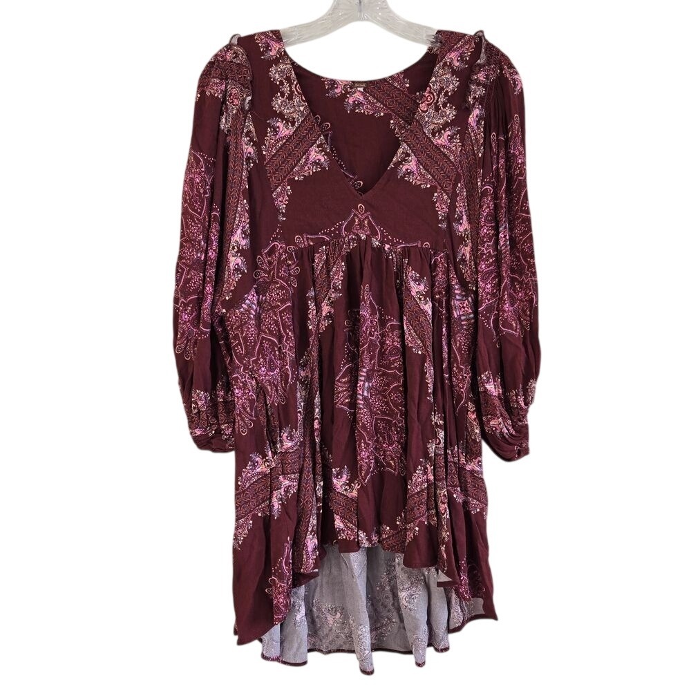 Free People Women's Small Girl‎ Talk Burgundy Boho V Neck Short Tunic Dress Top